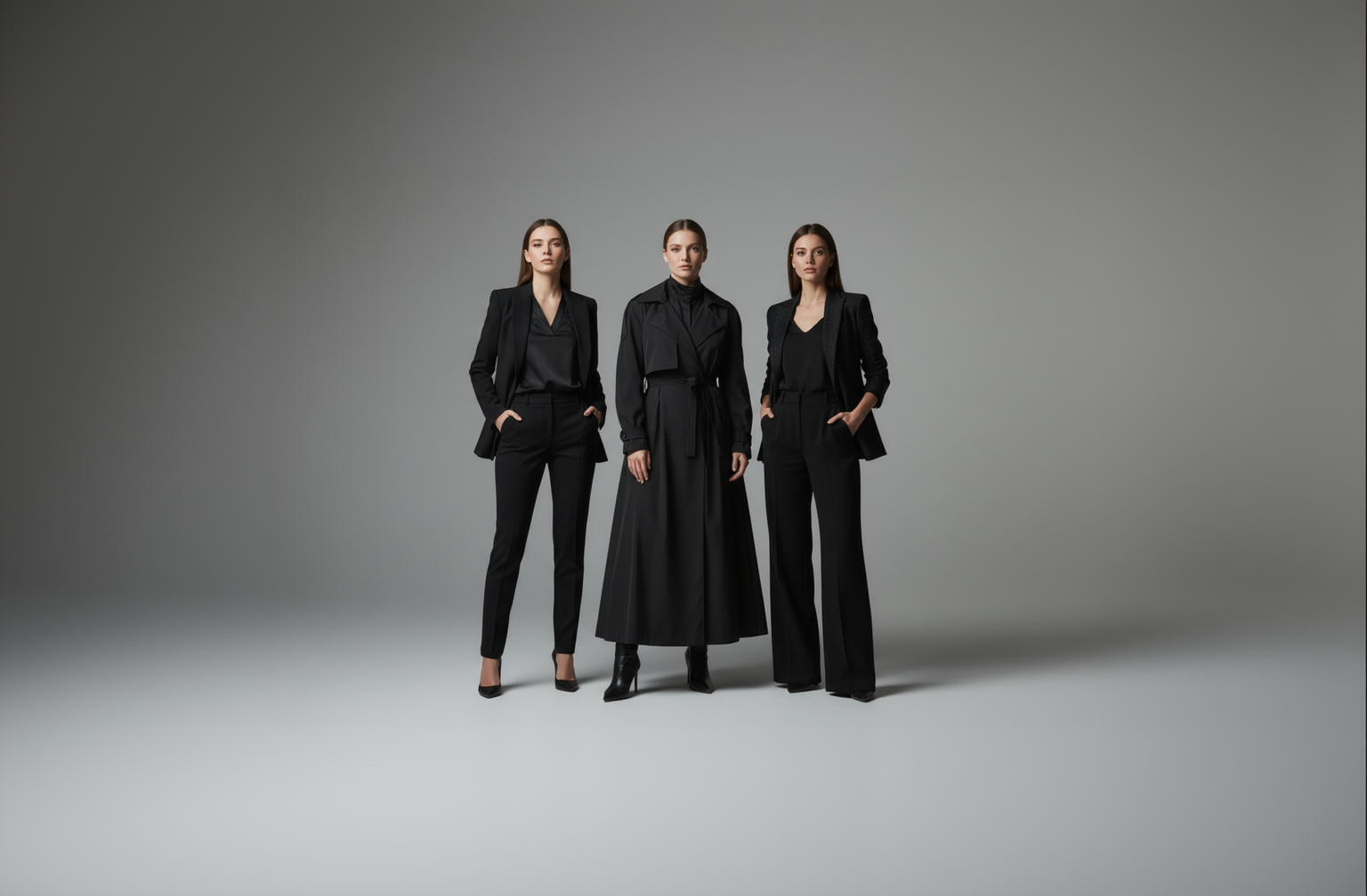 a group of 3 women standing in a studio facing the camera with proper lighting, wearing black stylish professional clothes