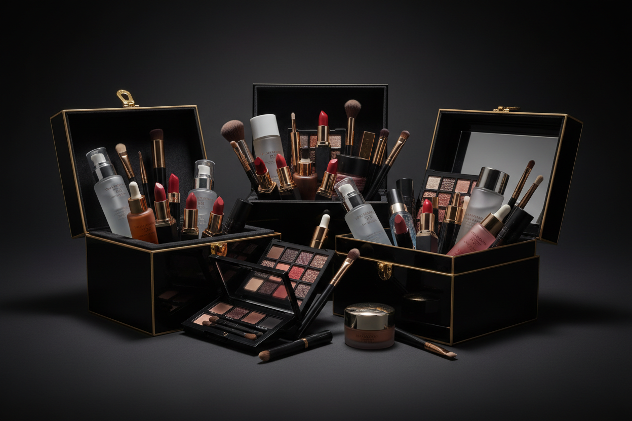multiple boxes filled with different types of cosmetics and beauty products. make it h ave a darker tone, like a dark studio